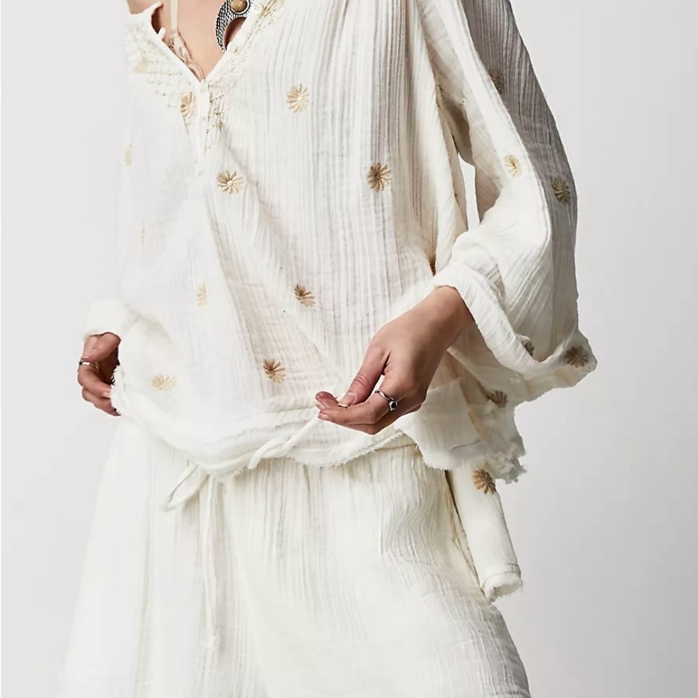 Free People Cream Long Sleeve Buttoned Blouse